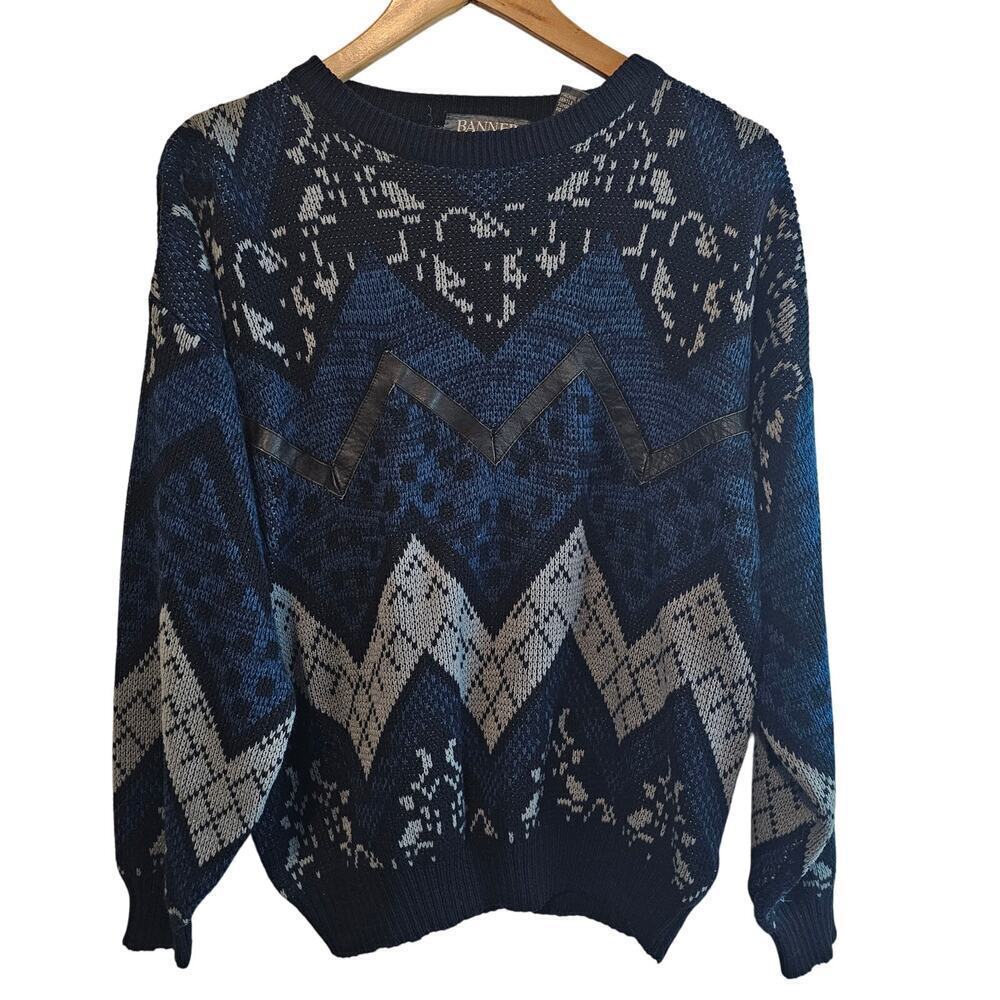Vintage Cosby Sweater Mens Large Black 90s Geometric Academia Retro Grandpa